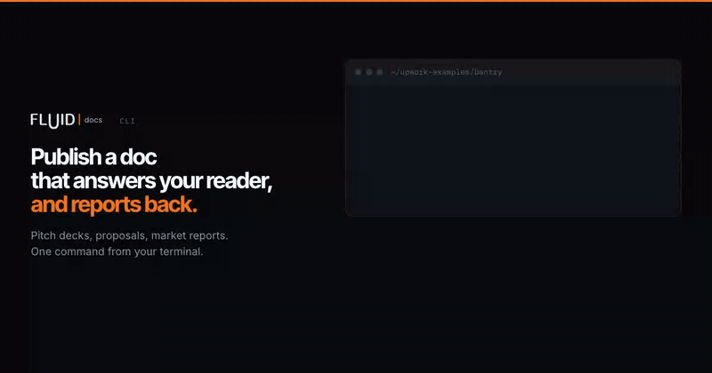A terminal publishing a pitch deck with the FluidDocs CLI, then the published document appearing with an Ask this deck button